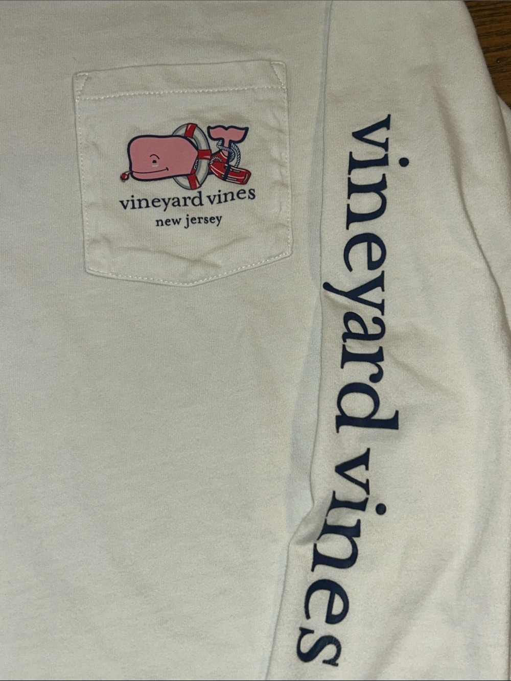 Vineyard Vines New JerseyLong Sleeve Pocket Tee with Pink Whale Navy Sleeve Logo